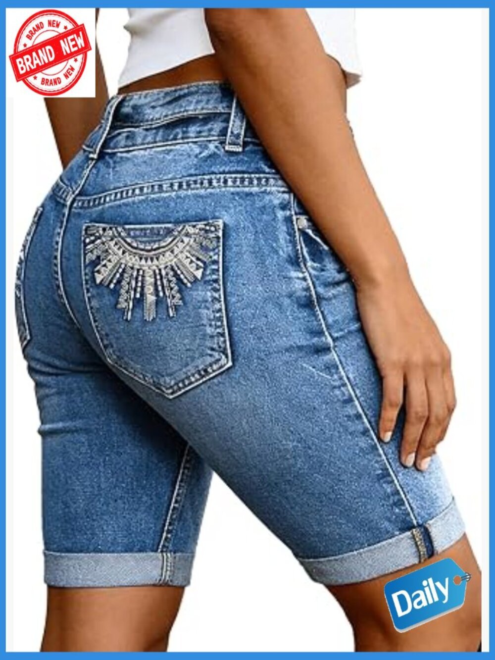 Mid Rise Denim Bermuda Shorts with Tribal Embroidery Roll Hem